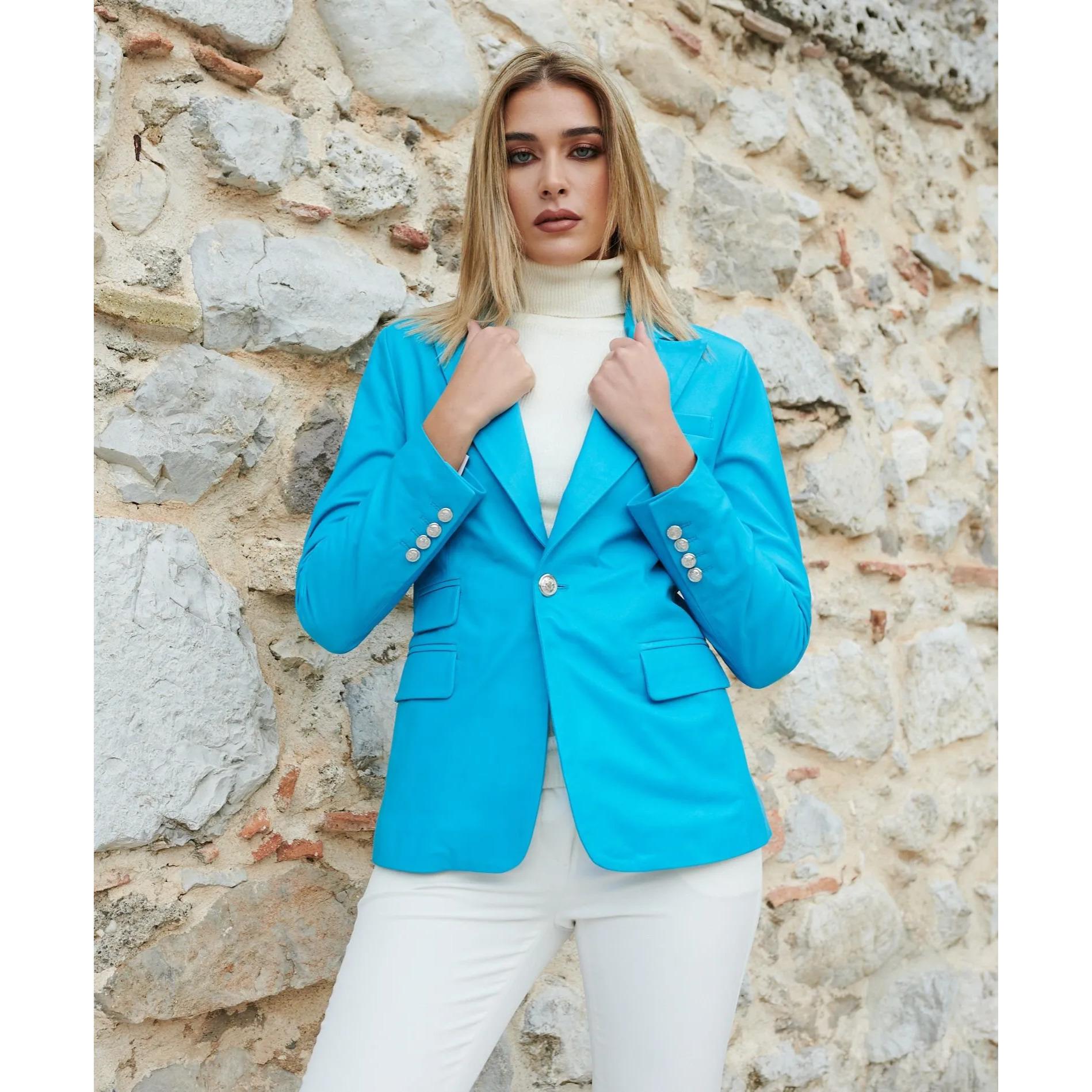 Giacca blazer in pelle naturale azzurra chiusura un bottone