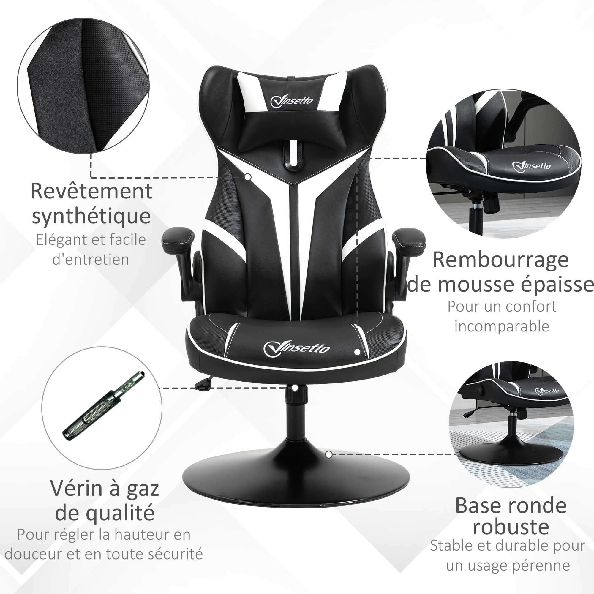 Fauteuil gaming base ronde métal pivotante 360° hauteur réglable tétière accoudoirs relevables PVC blanc noir