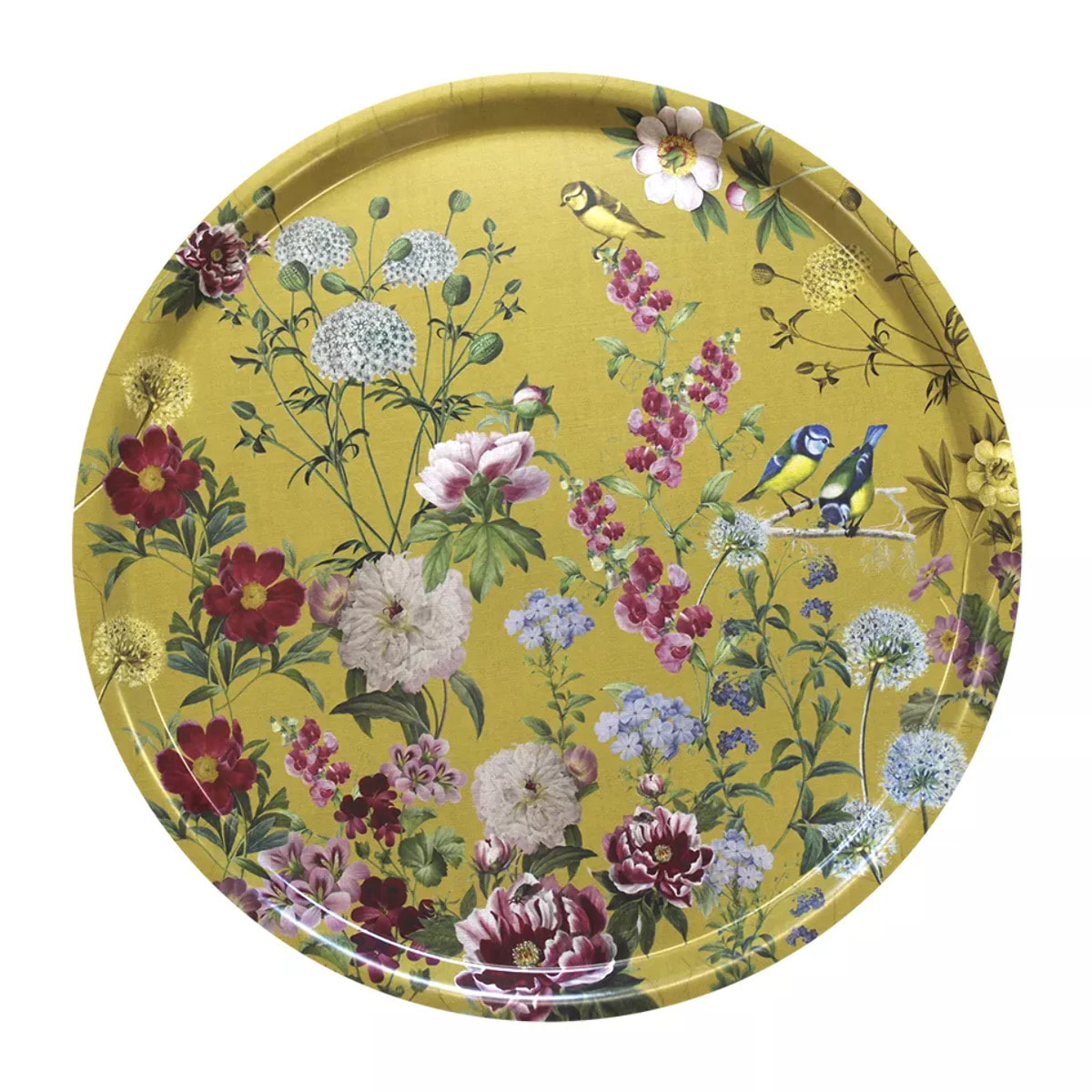 Plateau bois imprimé jaune rouge Mesanges curry