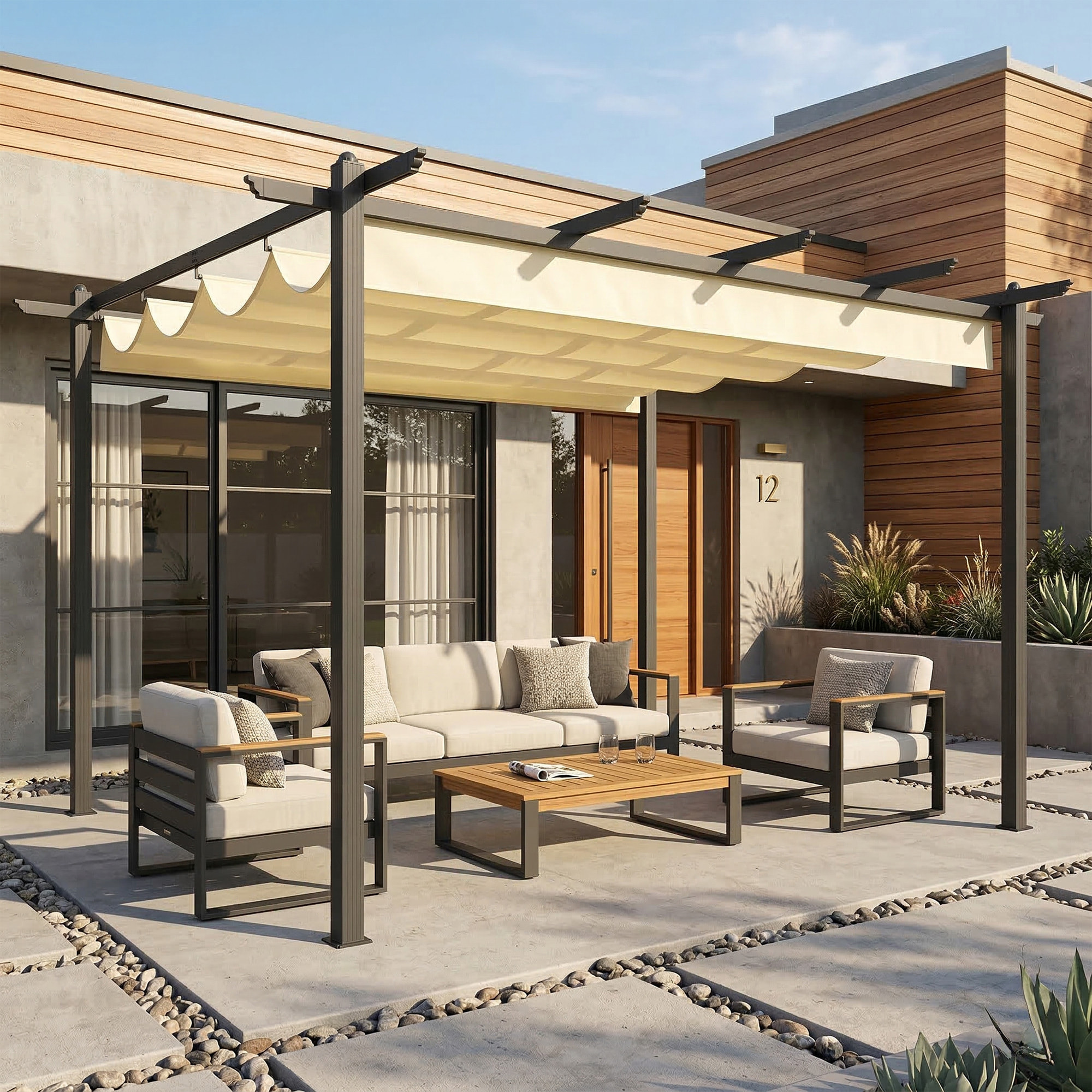 Pérgola de Jardín 4x3 m con Techo Retráctil, Cenador de Jardín con Estructura de Aluminio, UPF30+, Orificios de Drenaje, Pabellón para Exterior, Patio, Terraza, Crema