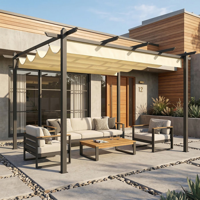 Pérgola de Jardín 4x3 m con Techo Retráctil, Cenador de Jardín con Estructura de Aluminio, UPF30+, Orificios de Drenaje, Pabellón para Exterior, Patio, Terraza, Crema