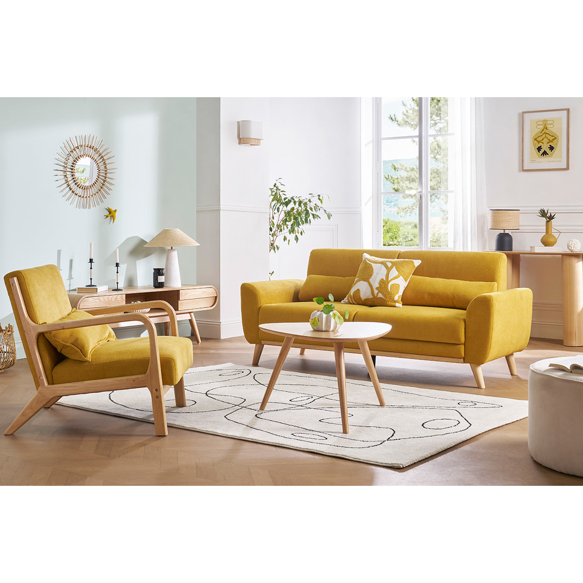 Canapé scandinave 3 places en tissu effet velours texturé terracotta et bois clair EKTOR