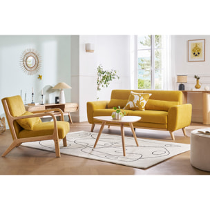Canapé scandinave 3 places en tissu effet velours texturé terracotta et bois clair EKTOR