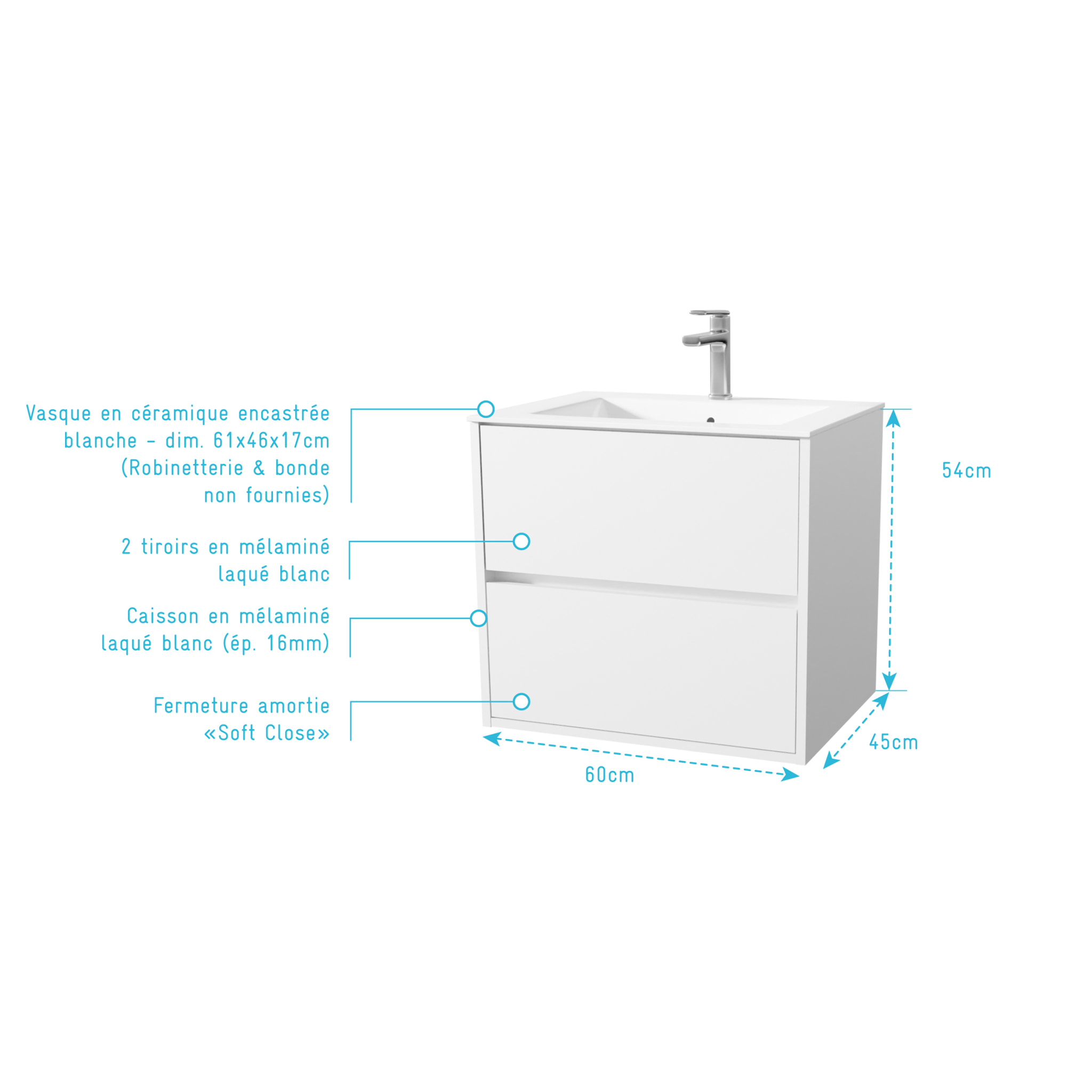 Pack Meuble Salle de Bains 60 cm Laqué Blanc, 2 tiroirs avec Vasque Céramique - XENOS