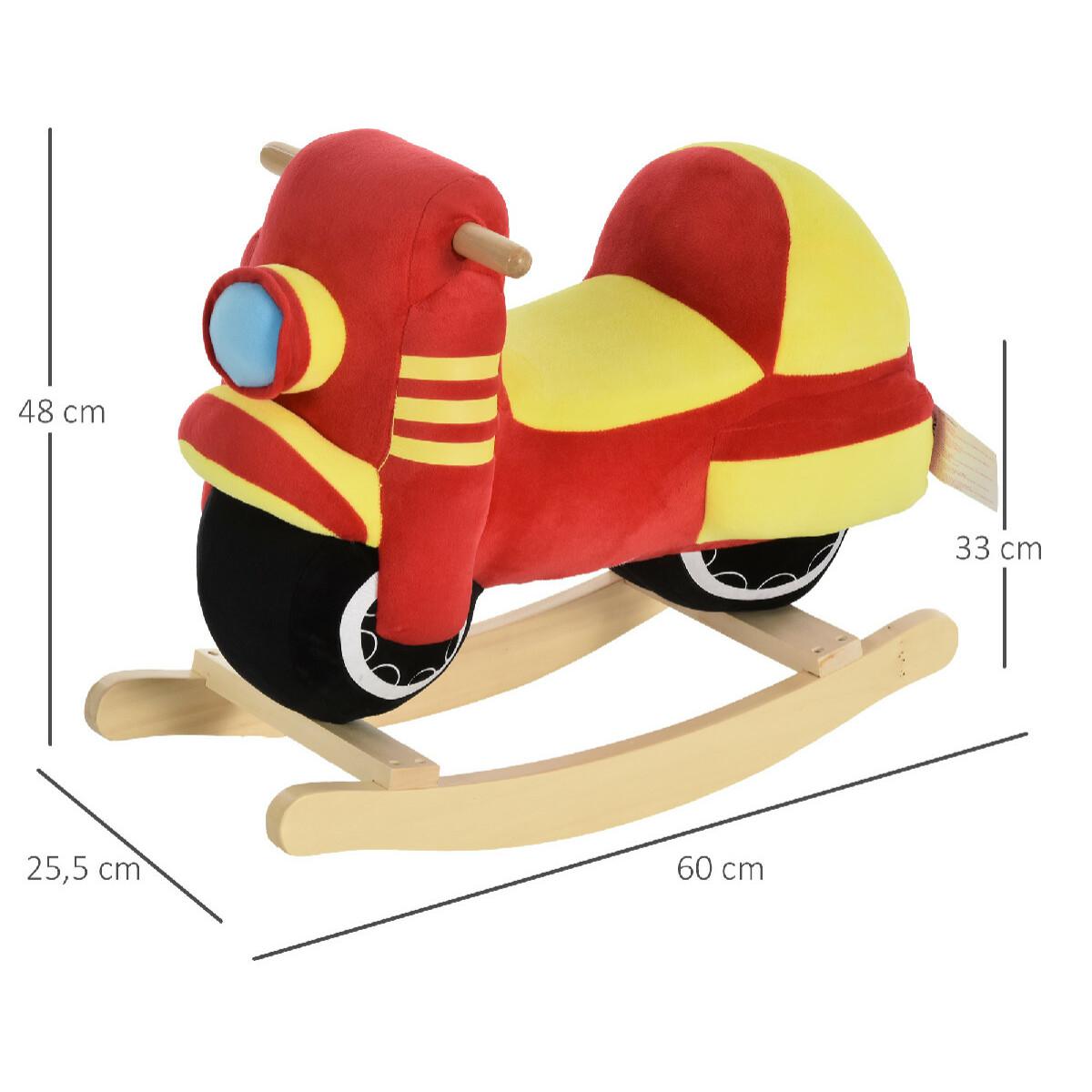 Cheval à bascule modèle moto fonction musicale selle grand confort peluche courte douce bois peuplier rouge et jaune dim. 60L x 25,5l x 48H cm