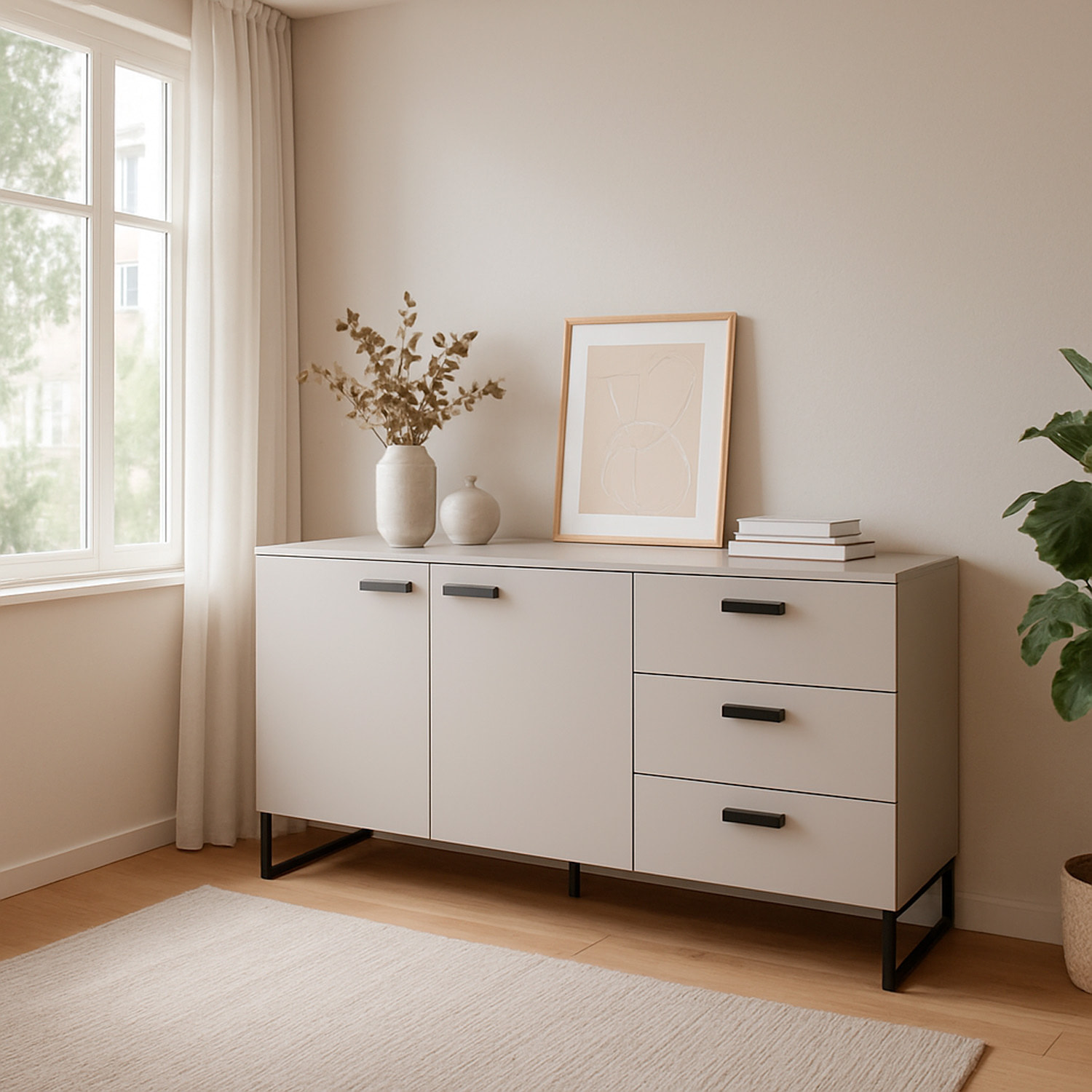 Madia con 2 Ante 3 Cassetti E Ripiani Interni Mobile Soggiorno Moderno In Melaminico Con Maniglie E Piedini Neri 184 x 86 x 40 Cm Cashmere