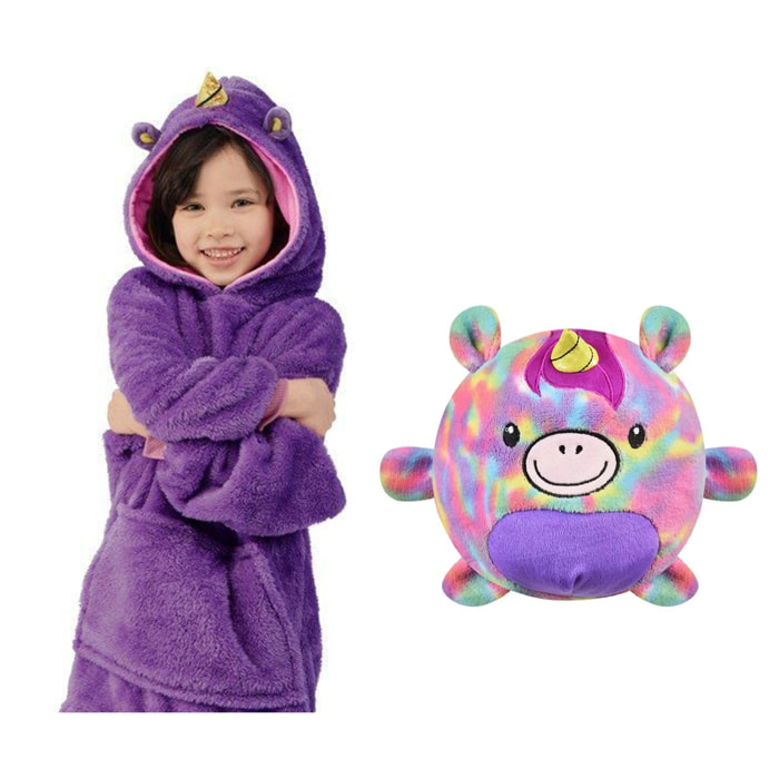 Peluche convertible en sudadera de felpa extrasuave, 60x47cm. Bolsillo frontal tipo canguro. Diseño Unicornio