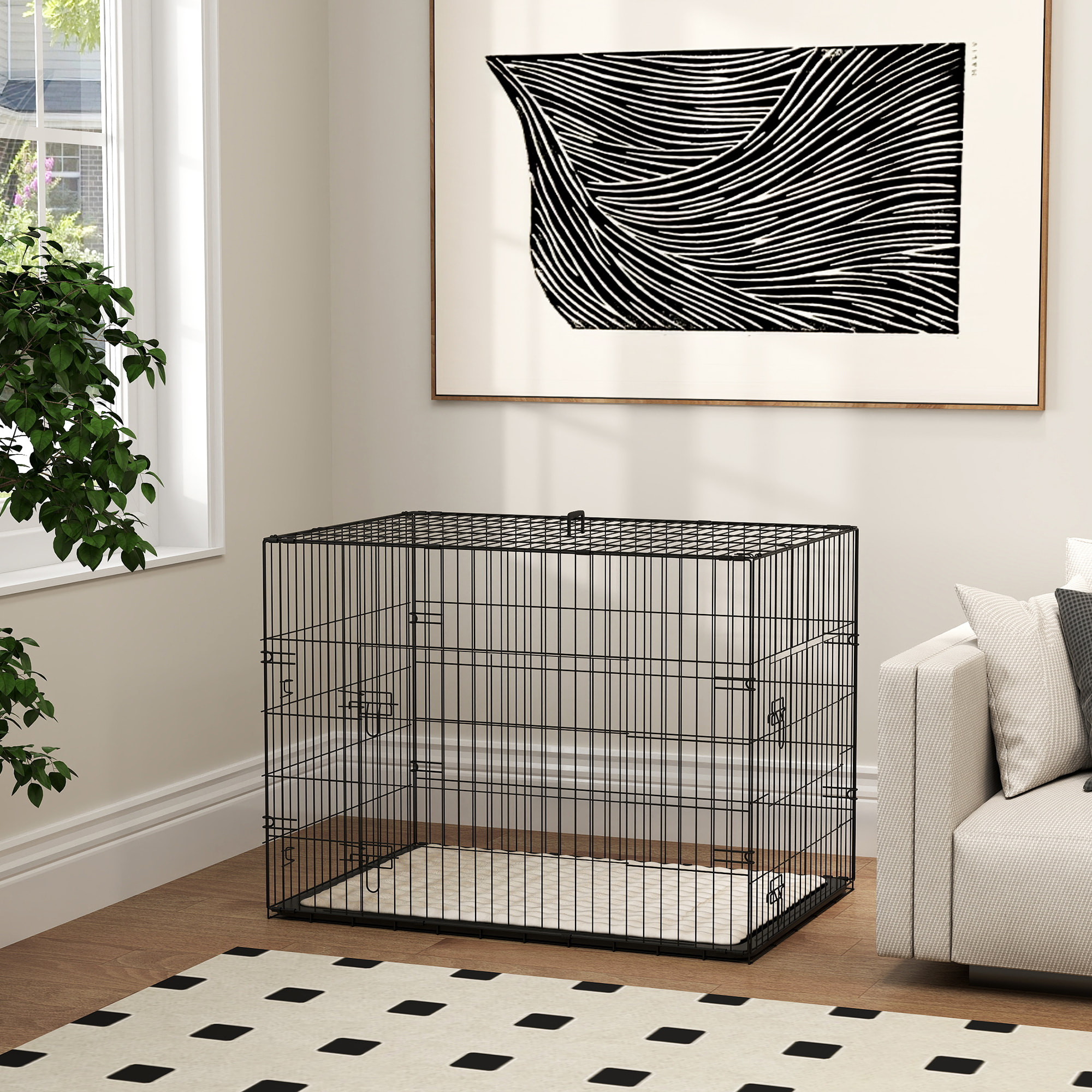 PawHut Jaula para Perros Plegable, Jaula para Perros Grandes con Cojín, 2 Puertas, Bandeja Extraíble y Marco de Alambre Metálico, 90x57,5x62 cm, Negro y Beige