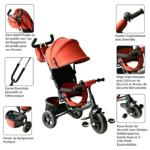 Tricycle enfants évolutif canne  et pare-soleil pliable amovible sacoche et panier 96 x 54l x 101 cm acier rouge brique noir