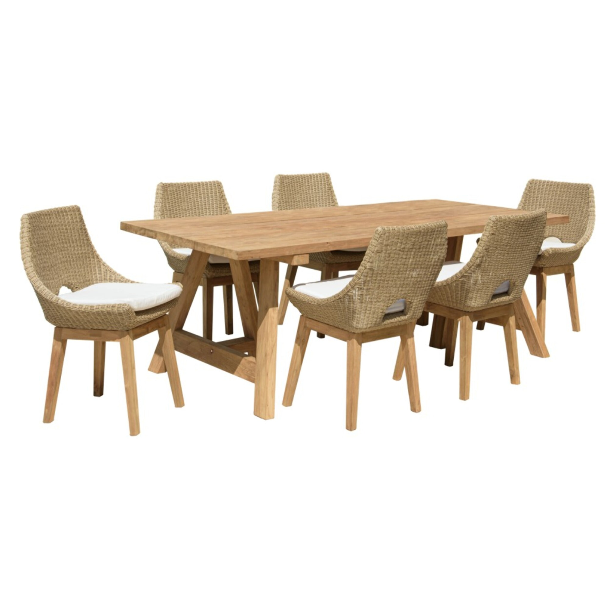 KALLY - Ensemble de jardin en bois teck recyclé et rotin synth. 6 pers (table et chaises)