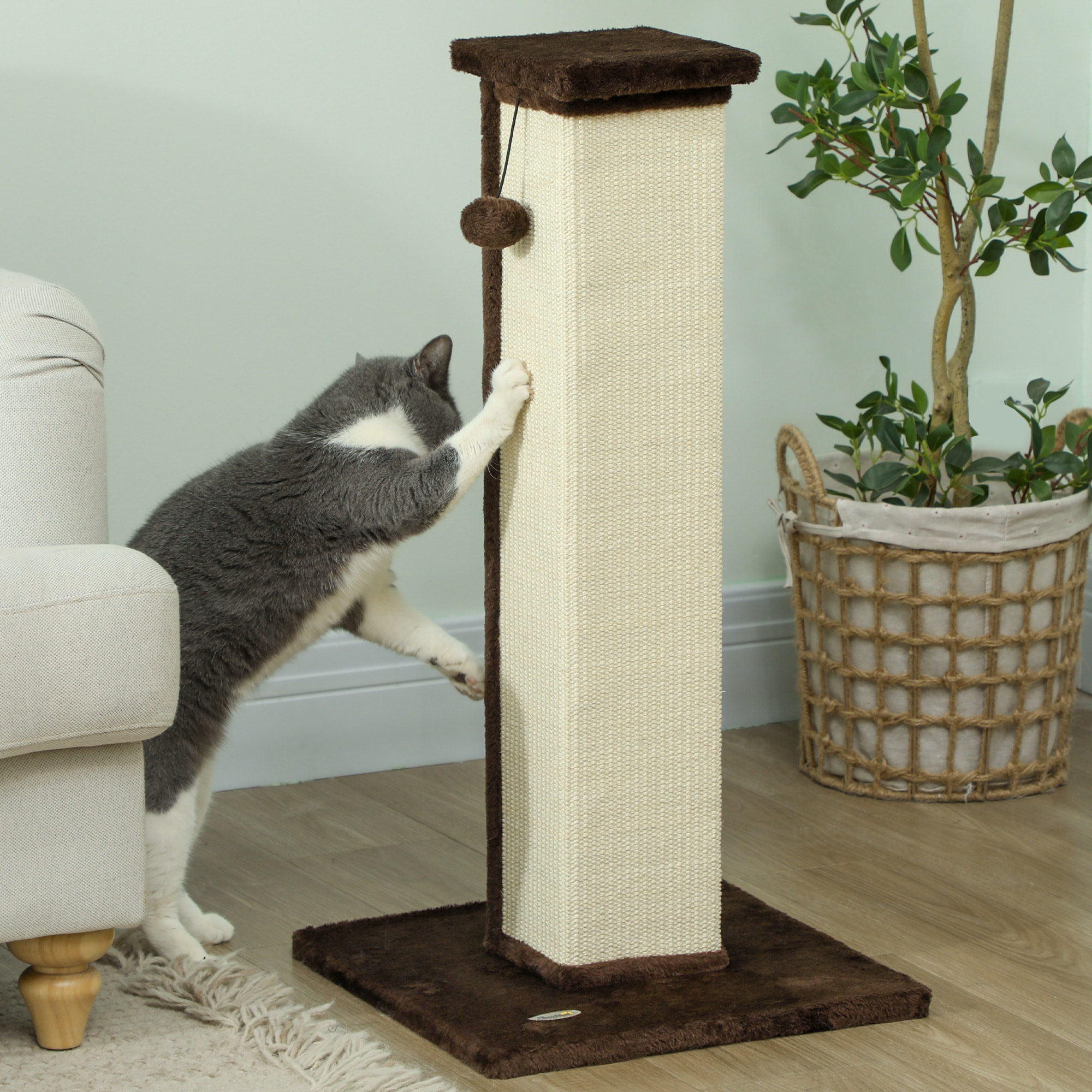 Griffoir tour pour chat H.81 cm - poteau à griffer avec jeu balle suspendue - peluche marron sisal naturel