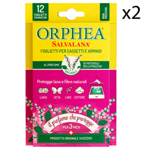 2x Orphea Salvalana Foglietti Cassetti e Armadi Protegge Lana Fibre Naturali Patchouli - 2 Confezioni da 12 Foglietti