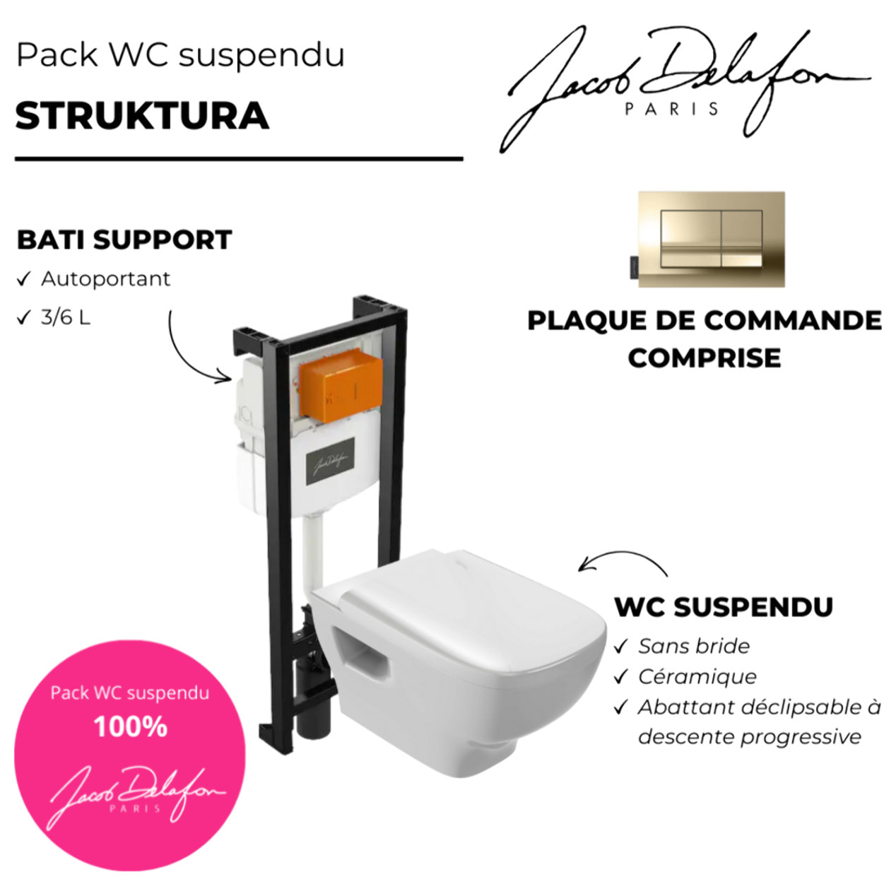 Pack WC suspendu sans bride Struktura+ bâti-support + plaque Or Beige