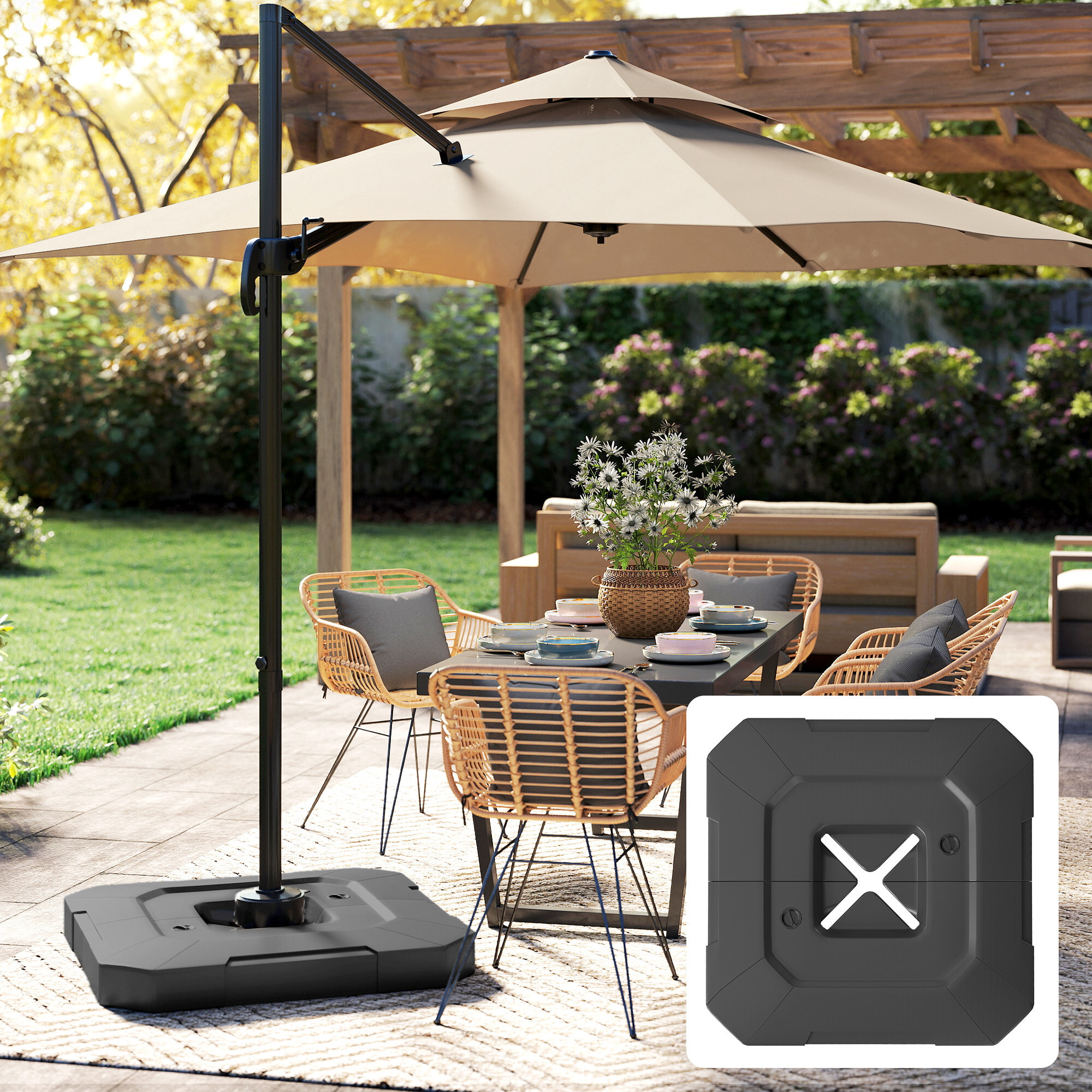 Base para Sombrilla de 2 Piezas, Soporte para Parasol de HDPE Rellenable con Agua 80 kg o Mezcla de Agua y Arena 105 kg, para Jardín, Patio, Terraza, Negro