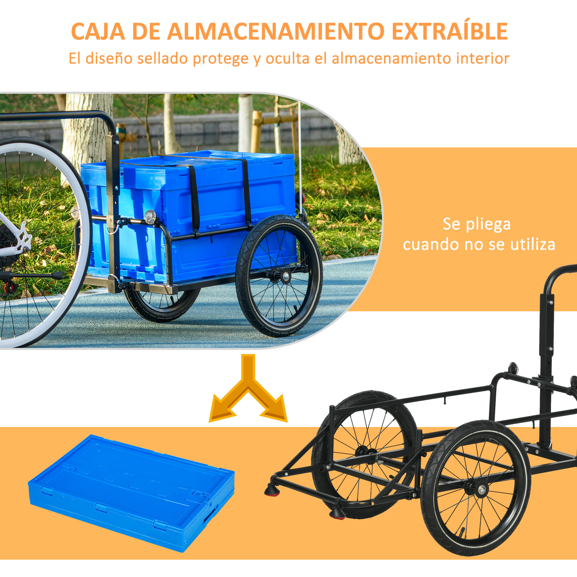 Remolque para Bicicleta de Carga Carro para Bicicleta con Caja de Almacenamiento Plegable Mango Ajustable y Reflectores Seguros Carga 40 kg Capacidad 65 L Azul