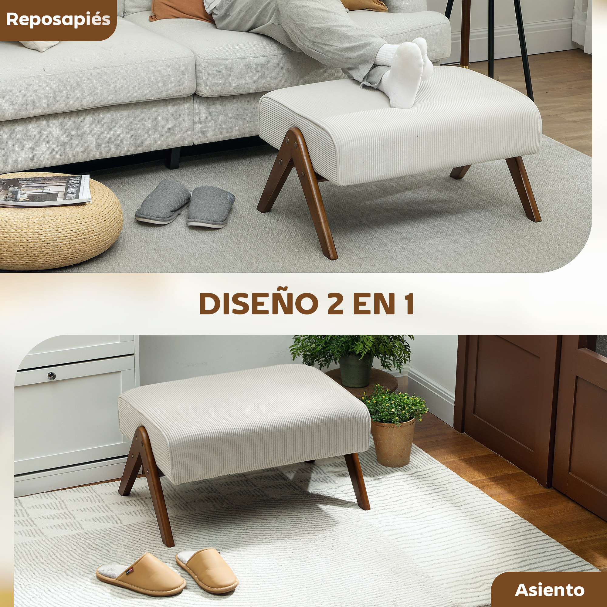 Reposapiés de Salón Taburete Bajo Tapizado en Pana Otomana Rectangular con Asiento Acolchado y Patas de Madera para Sala de Estar Dormitorio Beige