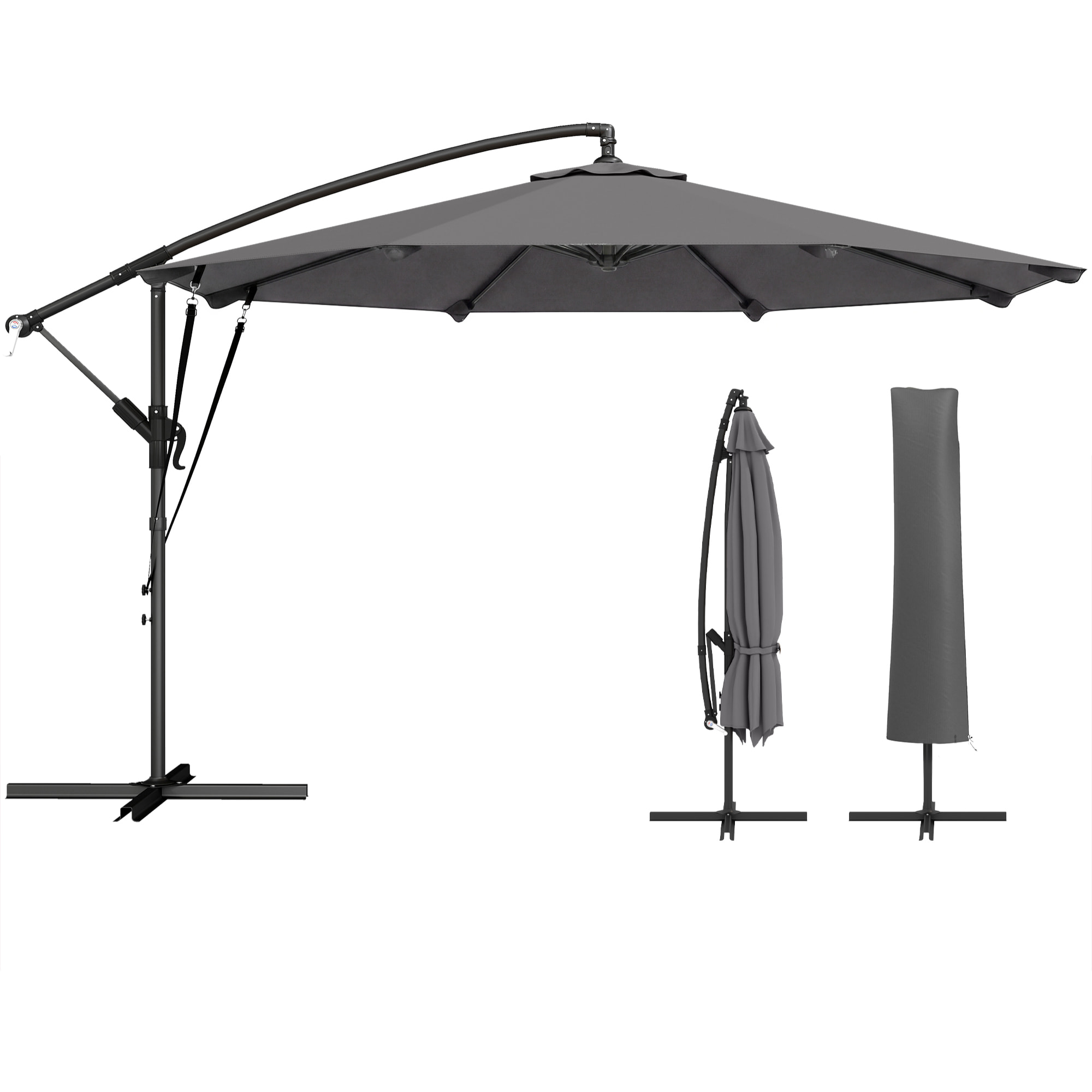 Parasol Excéntrico, Ø300 cm, Sombrilla de Jardín con Base Cruzada, Manivela, Funda Protectora y Cuerdas de Viento, UPF30+, para Terraza, Patio, Gris Oscuro