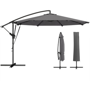 Parasol Excéntrico, Ø300 cm, Sombrilla de Jardín con Base Cruzada, Manivela, Funda Protectora y Cuerdas de Viento, UPF30+, para Terraza, Patio, Gris Oscuro