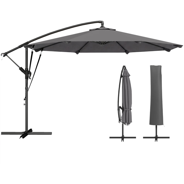 Parasol Excéntrico, Ø300 cm, Sombrilla de Jardín con Base Cruzada, Manivela, Funda Protectora y Cuerdas de Viento, UPF30+, para Terraza, Patio, Gris Oscuro