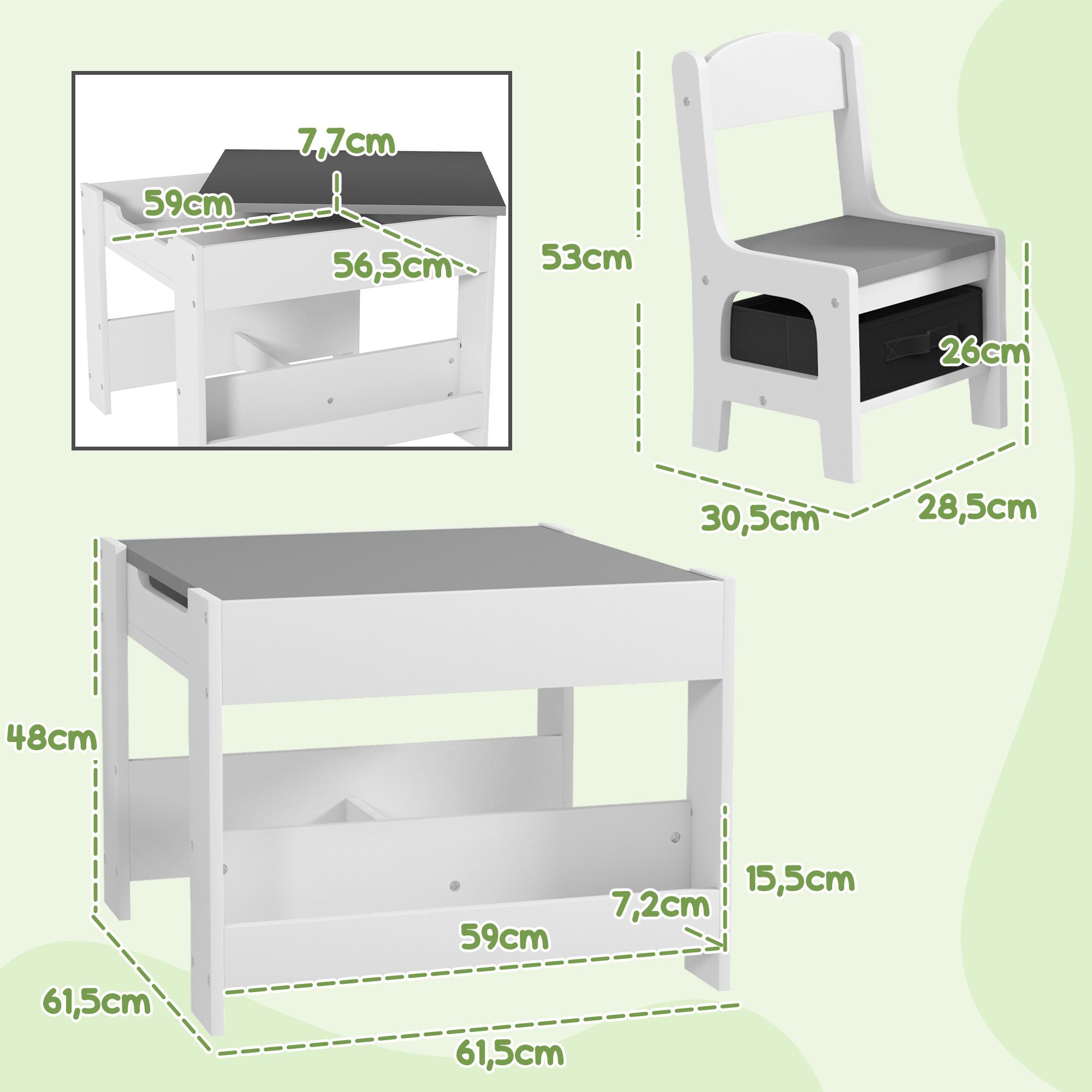 Juego de Mesa y 2 Sillas Infantiles Mesa con Sillas para Niños 2 en 1 con Pizarra Cajones de Tela y Espacio de Almacenamiento para Guardería Sala de Juegos Gris