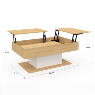 Table basse Tania double plateau relevable bois et blanc