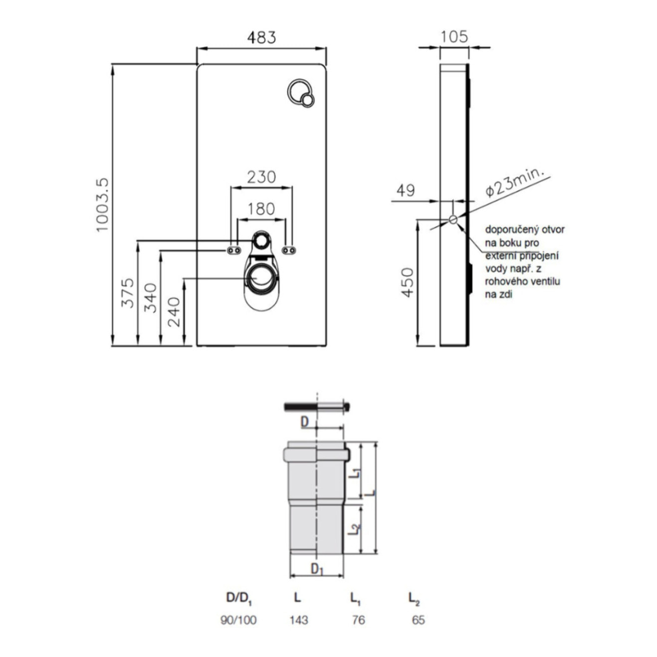 Glass bâti-support pour WC suspendu, hauteur 100,3 cm, double chasse 3/6 L, blanc (SATAMGW-FR)