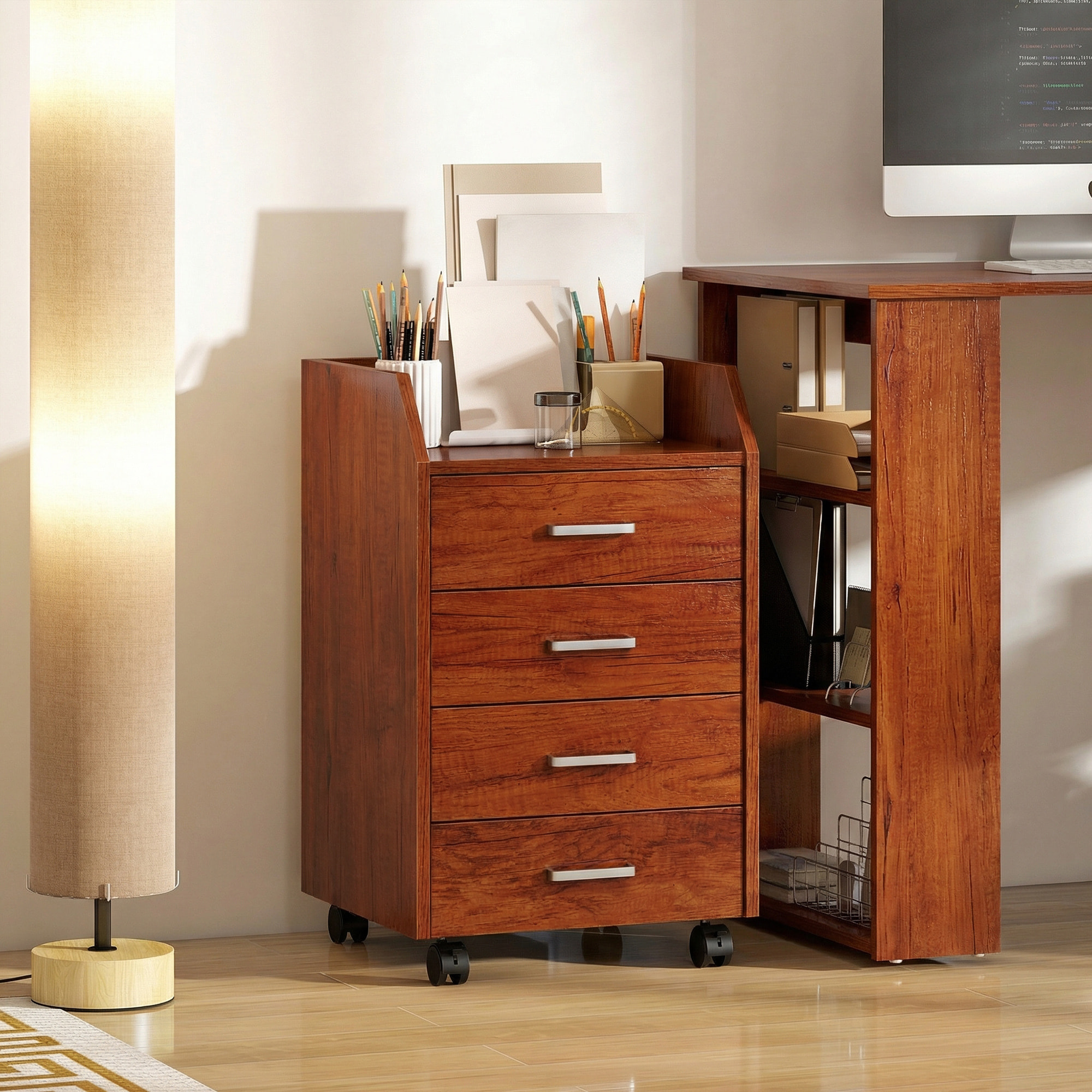 Cajonera de Escritorio con Ruedas, Cajonera de Oficina con 4 Cajones, Archivador Móvil para Estudio, Salón, para Debajo del Escritorio, 40x36x65 cm, Marrón