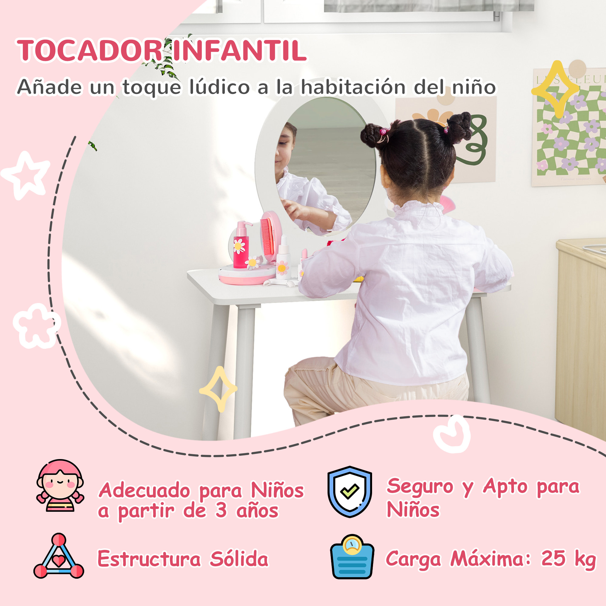 Tocador para Niñas con Taburete Tocador de Maquillaje para Niñas de +3 Años Tocador Infantil con Espejo Diseño Sencillo Blanco