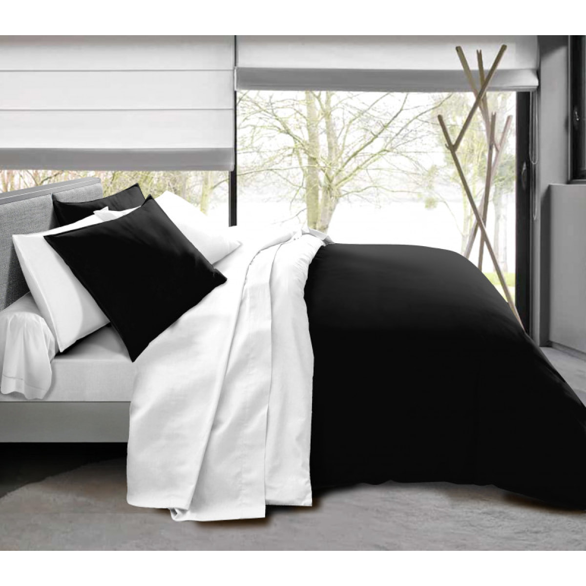 Pack complet 6 pièces Noir/Blanc housse de couette 100% coton / 57 fils/cm²