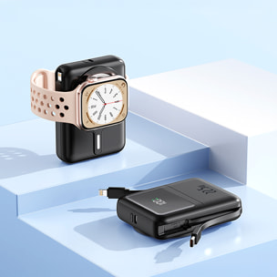 Powerbank 10.000mAh con carga rápida PD22,5W y carga inalámbrica de 15W. Cables USB-C y Lightning integrados. Pantalla led de carga.