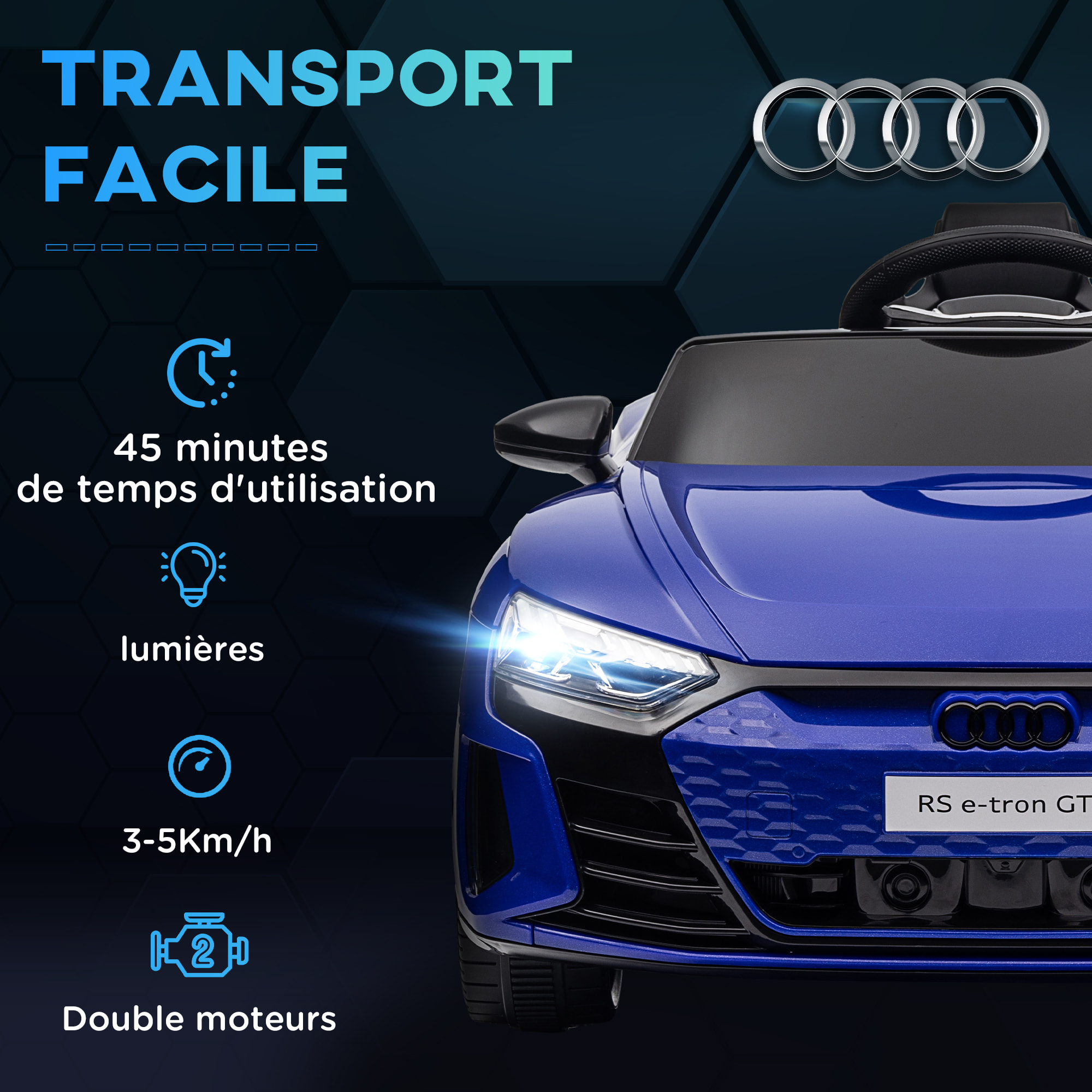 Véhicule électrique enfant Audi RS e-tron GT V. max. 5 Km/h télécommande effets sonores + lumineux bleu indigo