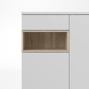 Credenza a due ante e un cassetto, colore bianco con un vano di colore rovere, Misure 88 x 118 x 36 cm