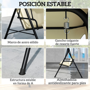 Columpio de Jardín Exterior de 3 Plazas, Balancín de Jardín Exterior con Techo Ajustable, Cojín y Marco de Acero, para Balcón, Terraza, Patio, Carga 240 kg, 172x118x153 cm, Beige