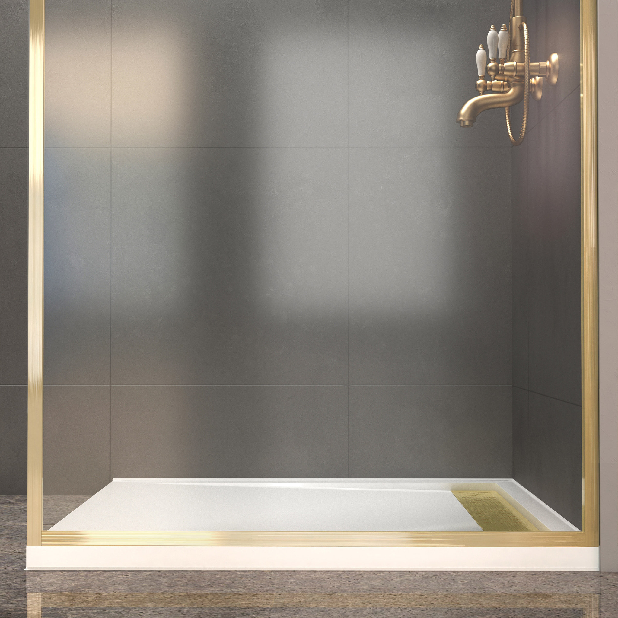 Paroi de Douche 100x200cm + Grille Finition Or Doré Brossé + Receveur Blanc 100x80x4cm