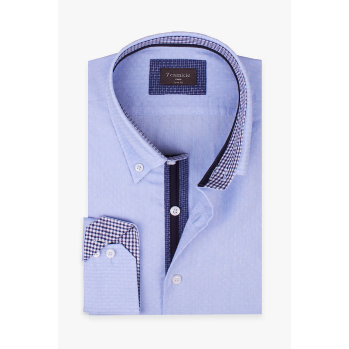Camicia Uomo 2 Bottoni Button Down Slim Jacquard Fantasia Celeste/Celeste