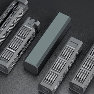 Juego de destornillador de precisión 44 en 1 con rosca giratoria y puntas magnéticas incluidas en funda de aluminio.