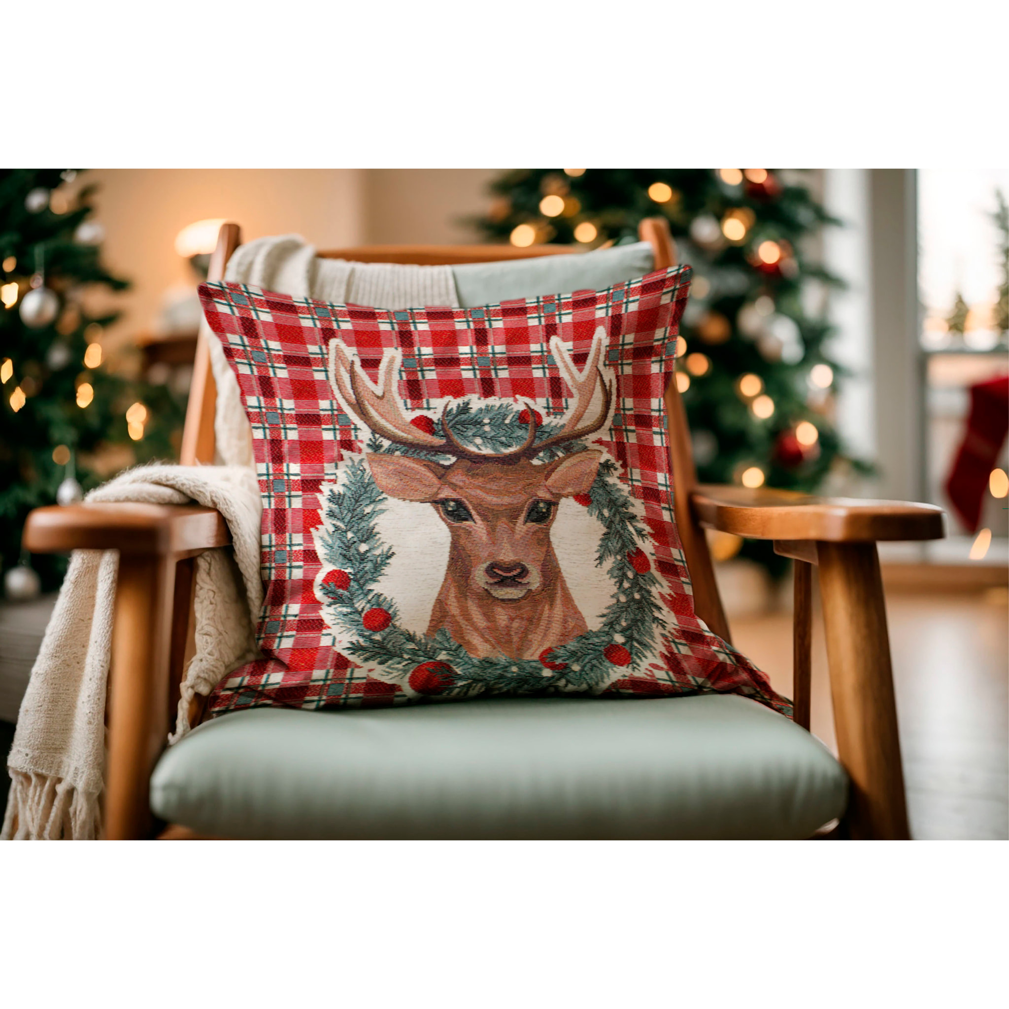 COPPIA CUSCINI ARREDO JACQUARD SFODERABILI 50X50 CM CUSCINO RENNA CON SFONDO TARTAN