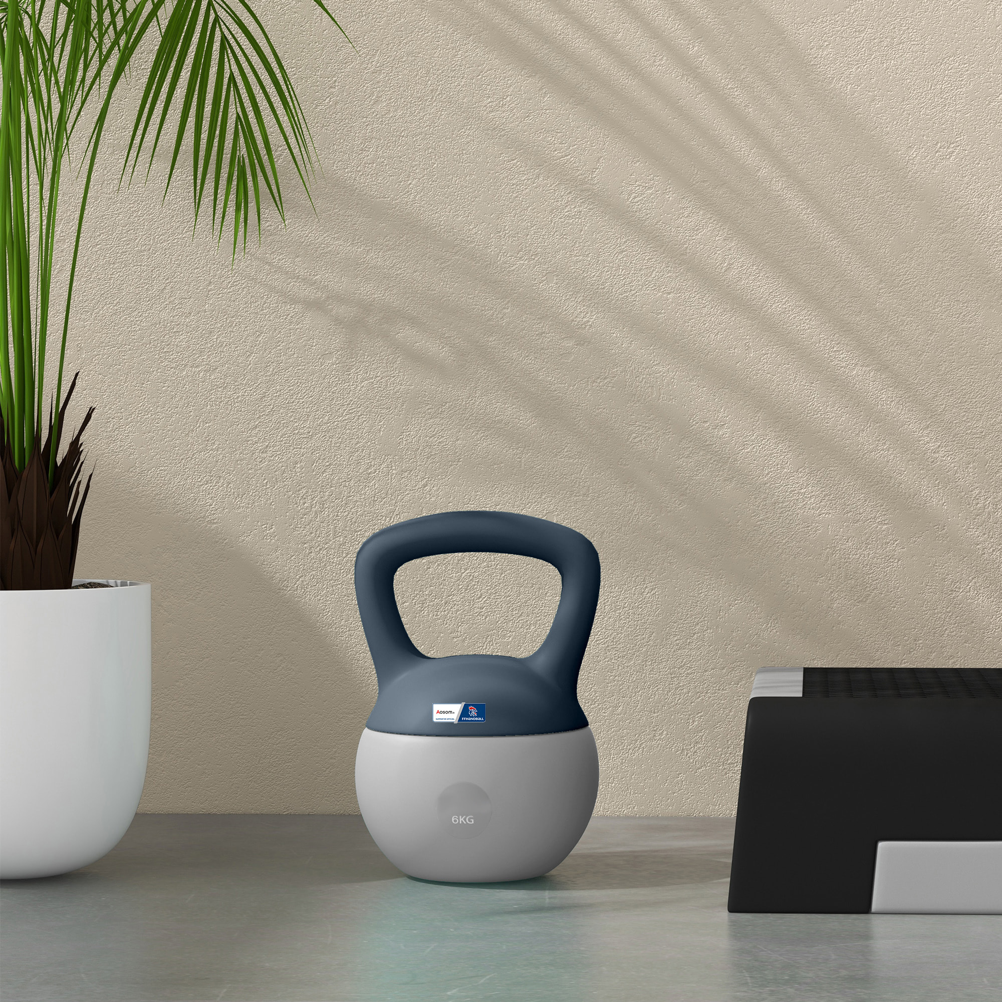 Kettlebell 6 Kg collaboration Aosom.fr x FFHandball - prise ergonomique - PVC gris jaune