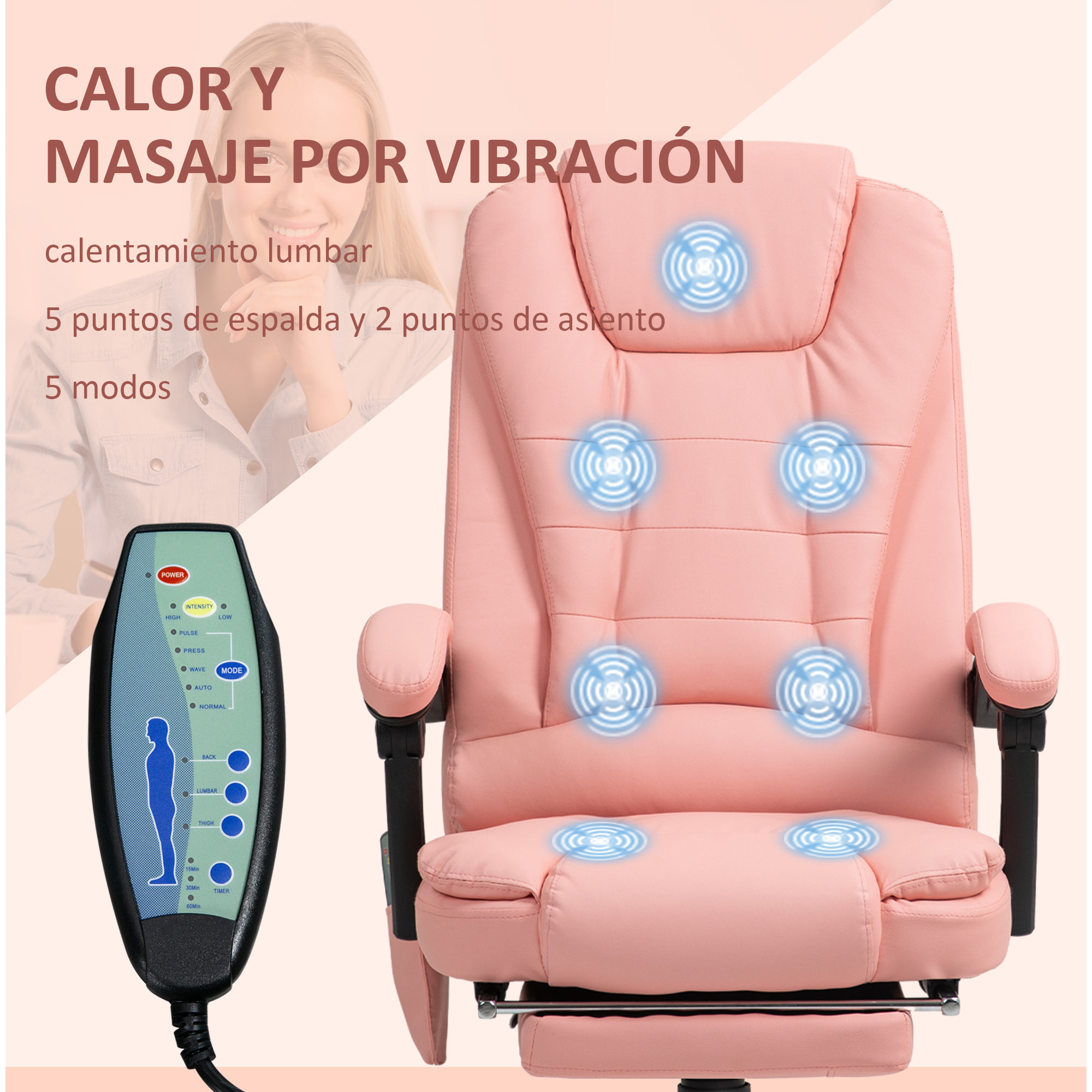 Silla de Oficina con 7 Puntos de Masaje Silla de Masaje Giratoria Silla de Escritorio con Reposapiés Retráctil Altura Ajustable Control Remoto y Tejido de PU Rosa