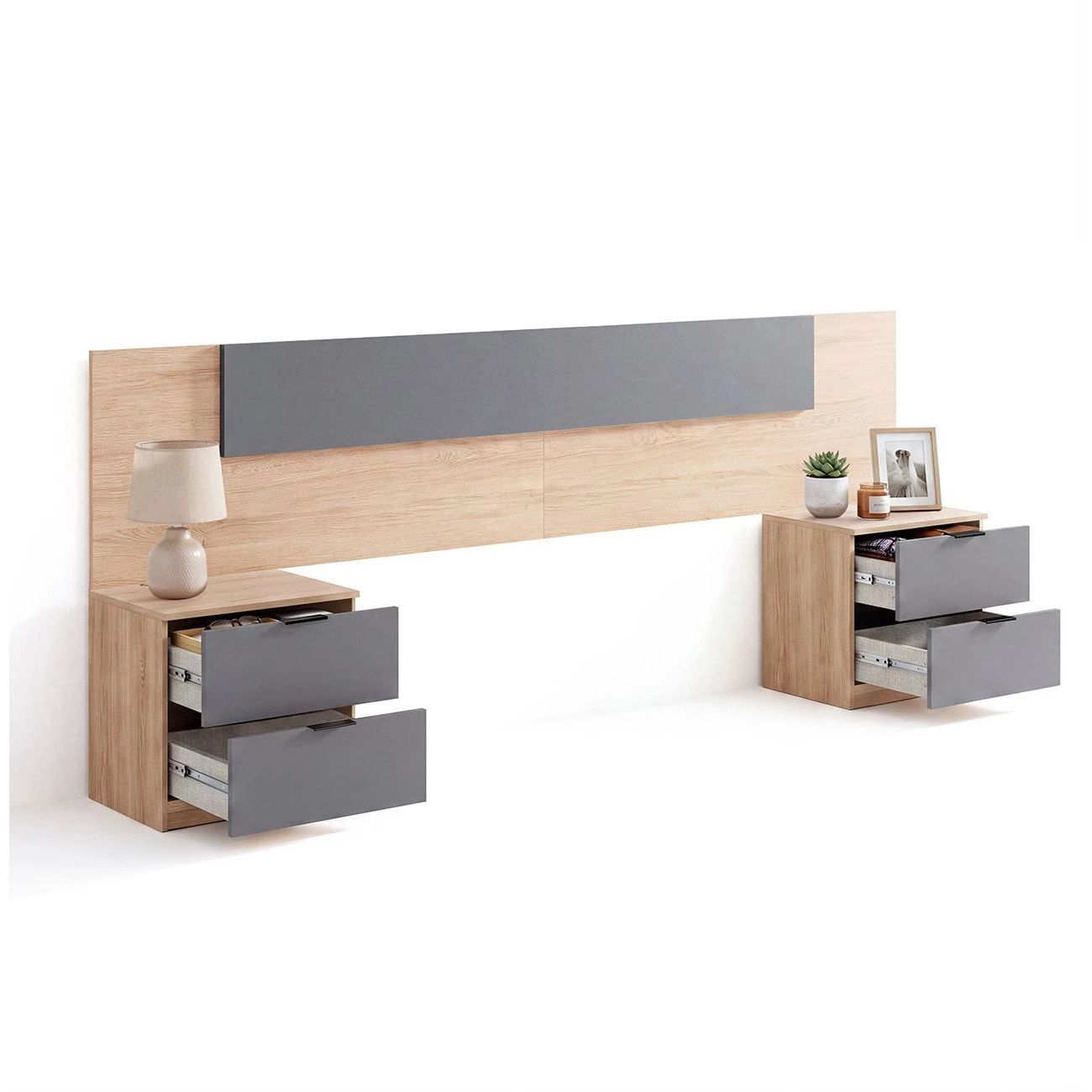 Cabecero para cama de 135-150 cm y 2 mesitas con cajones en roble canadian y gris grafito Akari Roble Canadian - Gris Grafito