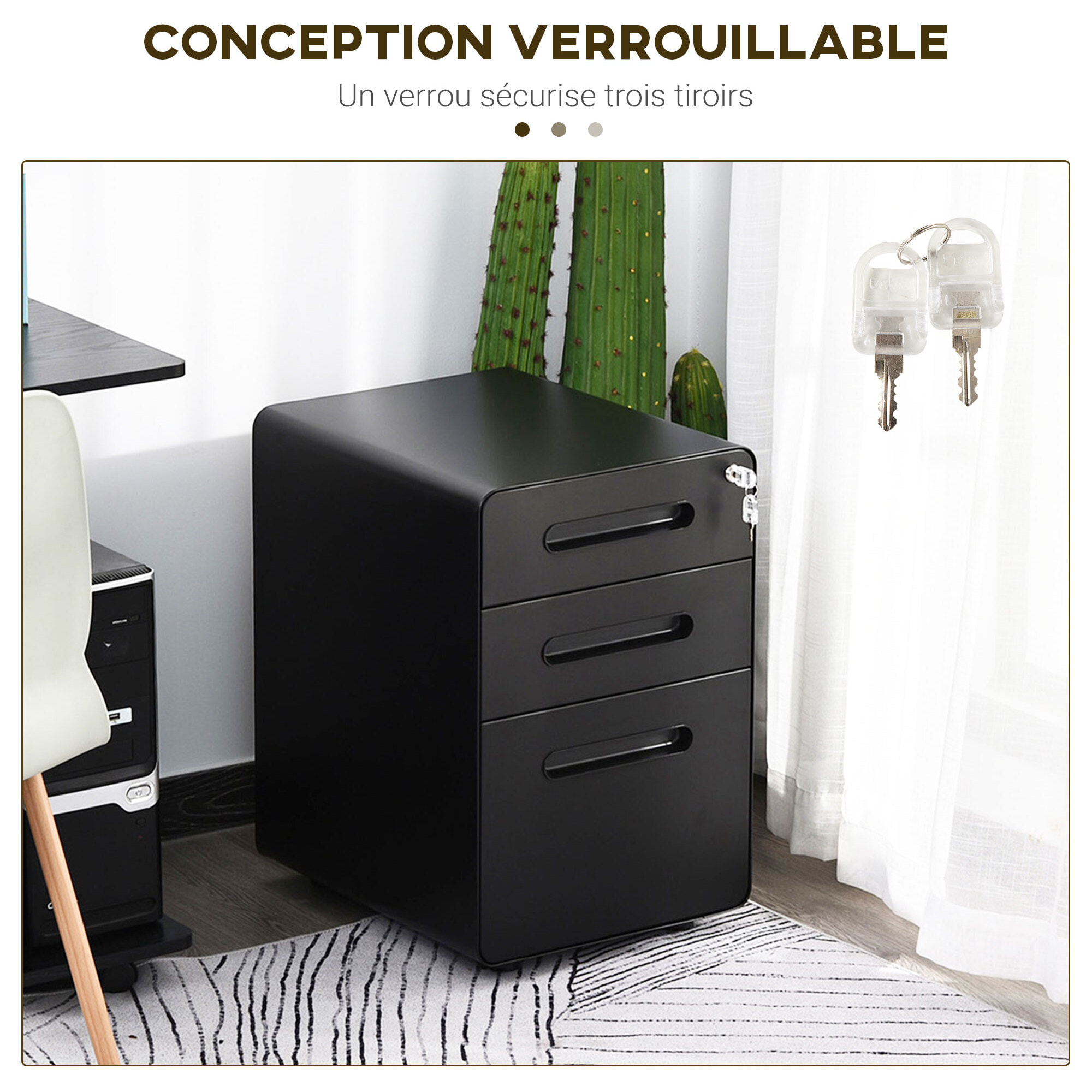 Caisson mobile 3 tiroirs - caisson bureau mobile verrouillable - acier laminé à froid noir