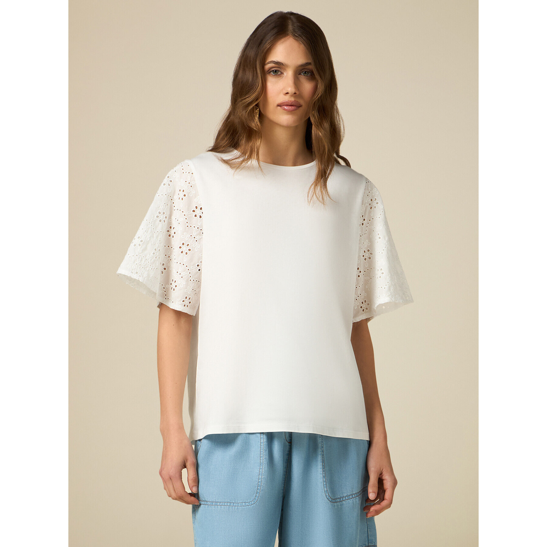 Oltre - T-shirt con maniche in sangallo - Bianco