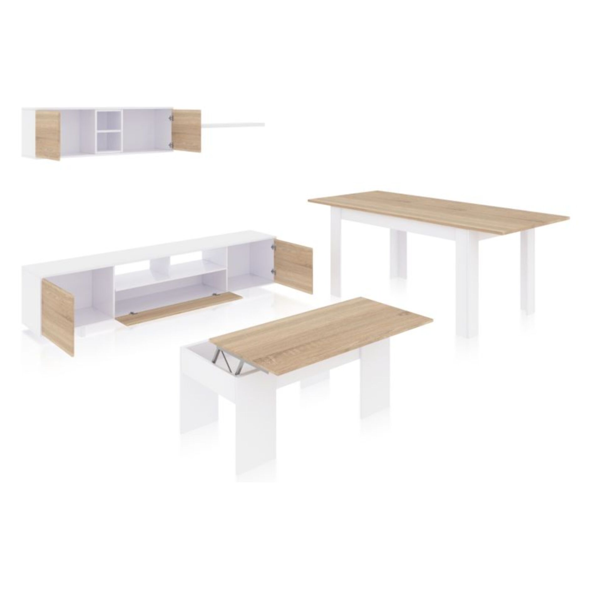 Pack salón con mesa de centro y mesa de comedor Kenzo Max V2B Blanco Brillo - Roble Canadian