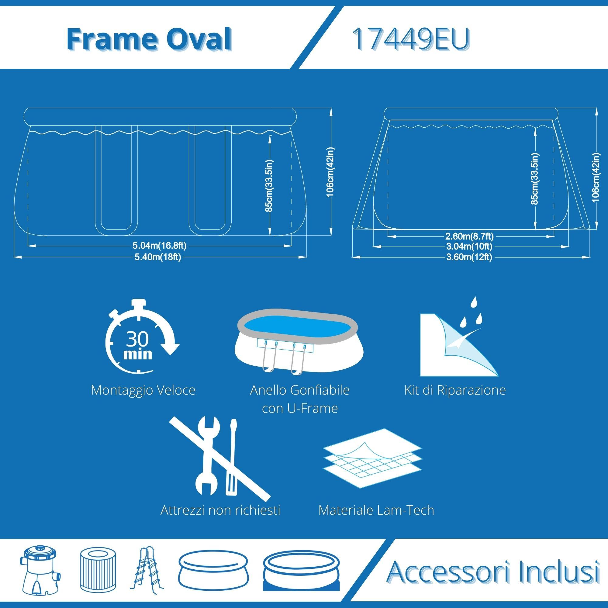 Piscina Fuoriterra Ovale con Struttura in Acciaio Chinook Grey Avenli Cm 540x304x106 Pompa Filtro, Scala e Teli Inclusi