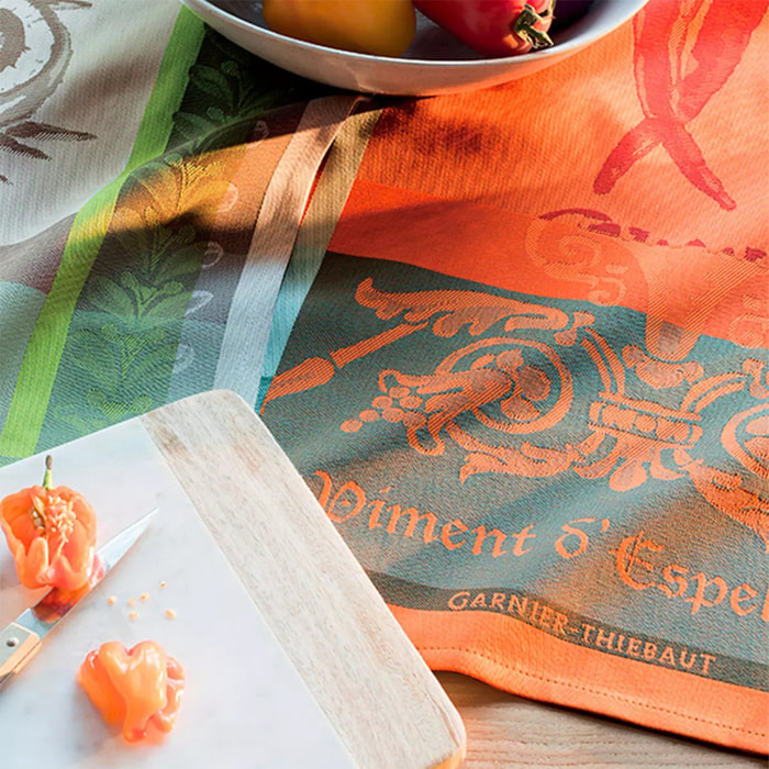 Torchon pur coton motif jacquard orange rouge Piment d'espelette epices