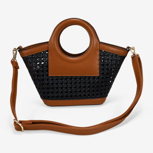 Bolso de mano negro pequeño con rejilla de mimbre