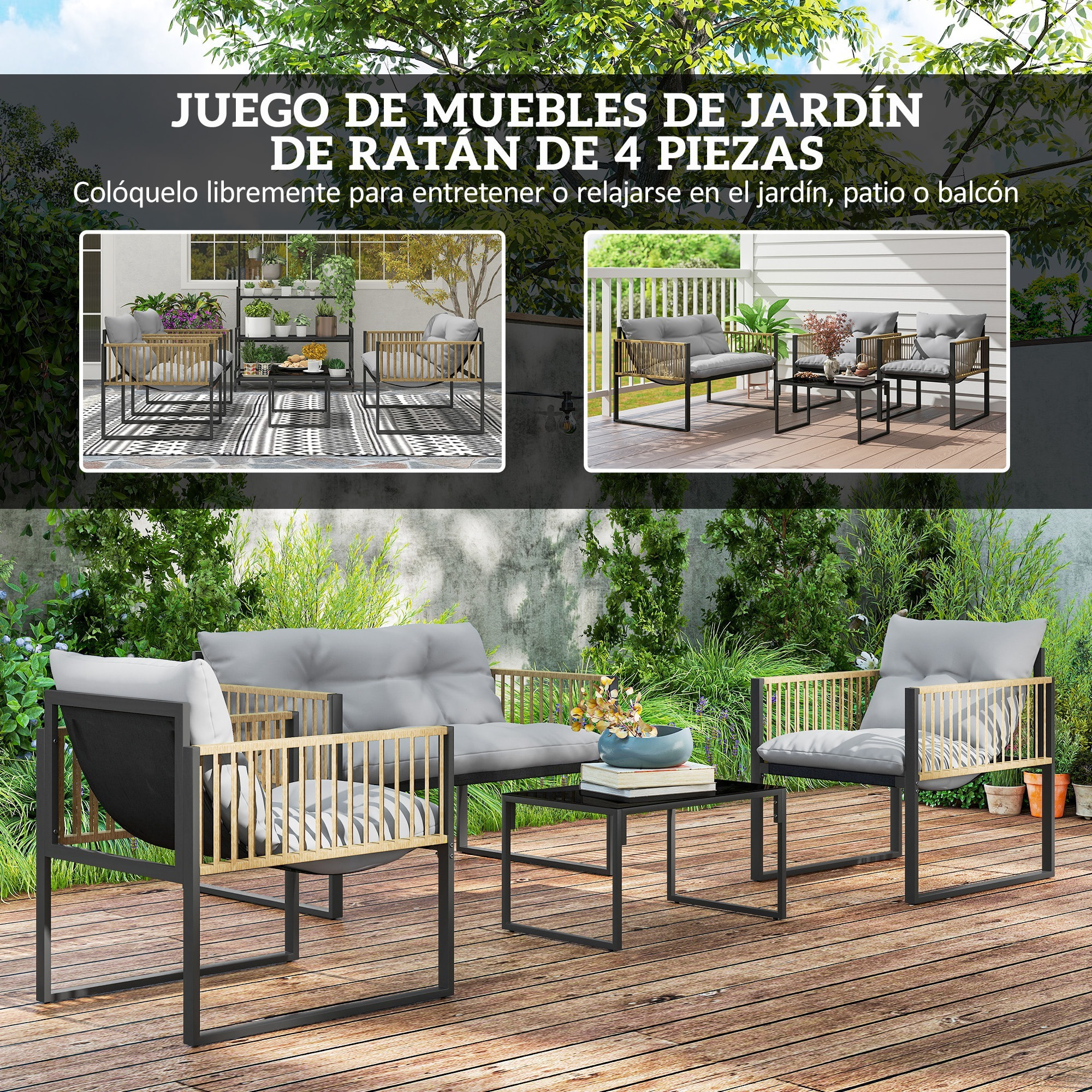Conjunto de Jardín Exterior de Ratán Sintético de 4 Piezas Muebles de Jardín Exterior Incluye Sofá de 2 Plazas 2 Sillones 1 Mesa de Centro de Vidrio con Cojines Gris y Natural