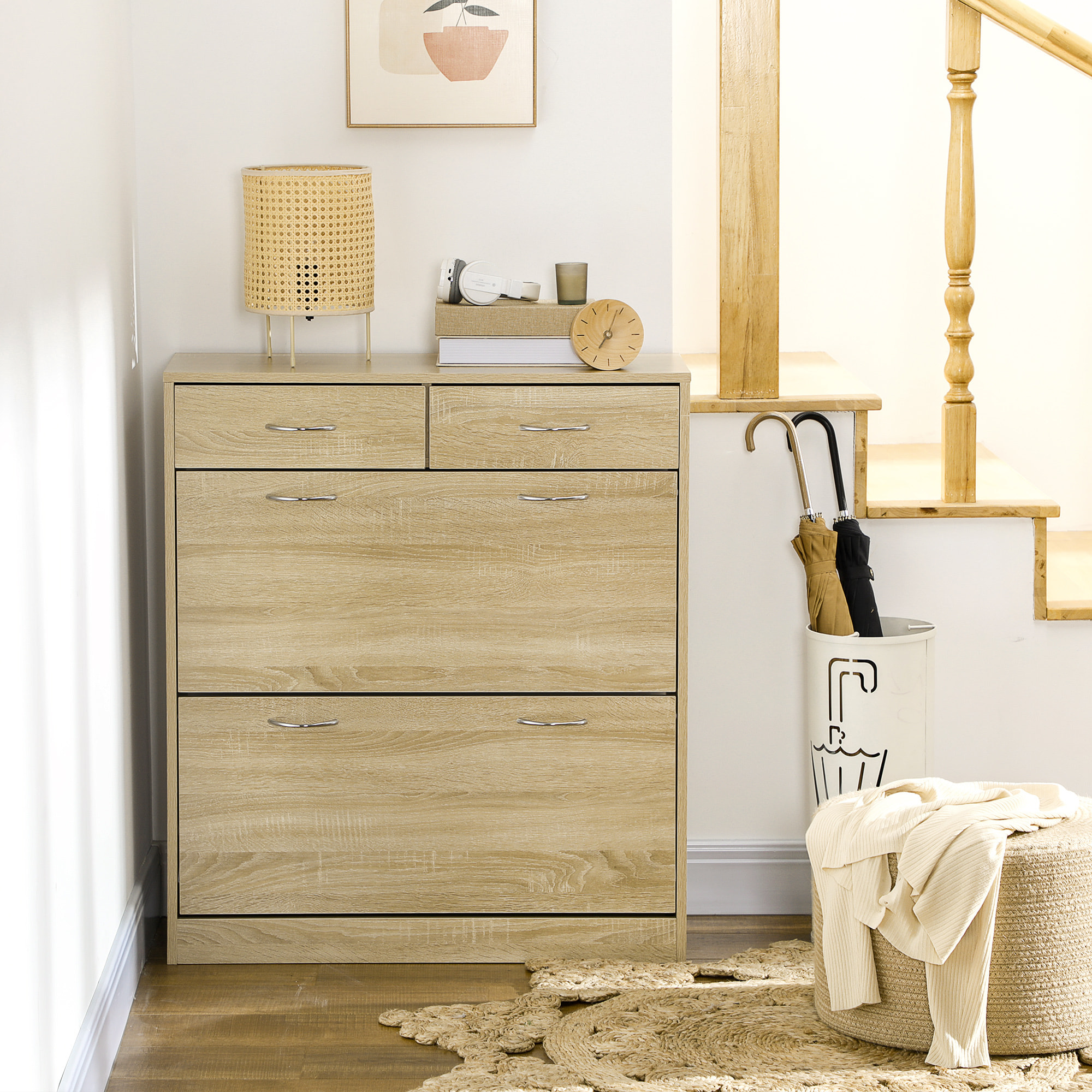 Mueble Zapatero Estrecho Zapatero Entrada Recibidor con 2 Cajones Abatibles y 2 Cajones Extraíbles para 12 Pares de Zapatos para Pasillo 80x30x91,5 cm Roble