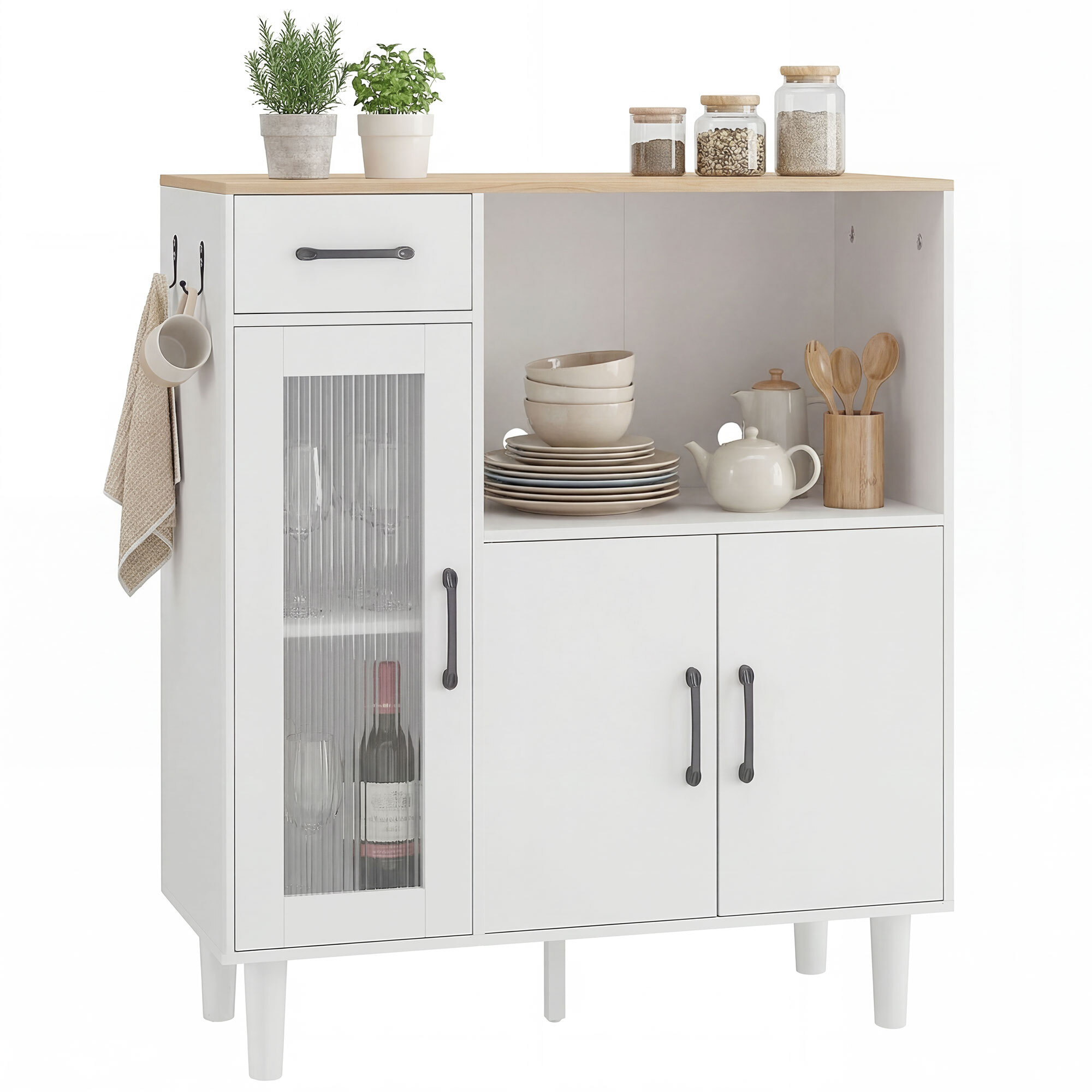 Aparador, Armario de Cocina Moderno con Puerta de Acrílico, Cajón, Estante Ajustable, Compartimento Abierto, Aparador para Cocina, Comedor, 80x34x91 cm, Blanco