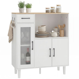 Aparador, Armario de Cocina Moderno con Puerta de Acrílico, Cajón, Estante Ajustable, Compartimento Abierto, Aparador para Cocina, Comedor, 80x34x91 cm, Blanco